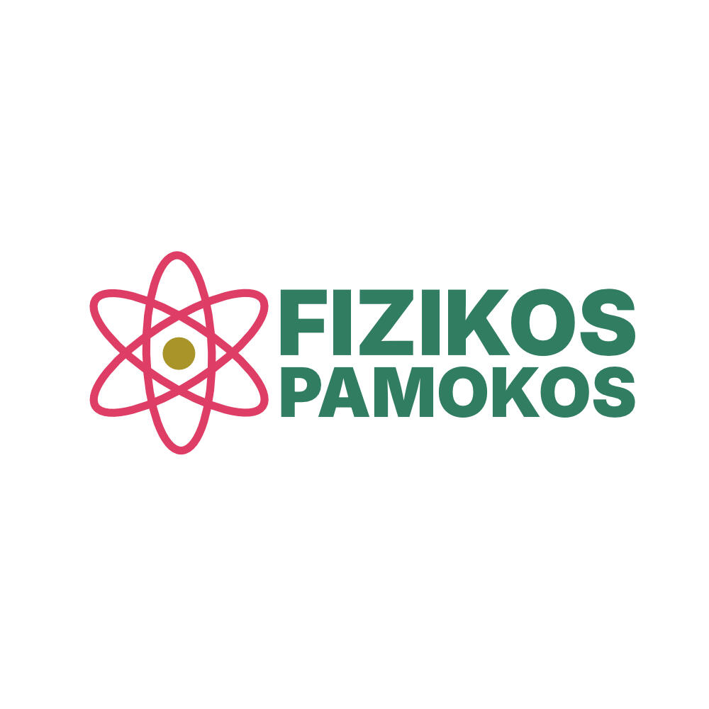 Fizikos pamokos logo - symbol of atom and words Fizikos Pamokos